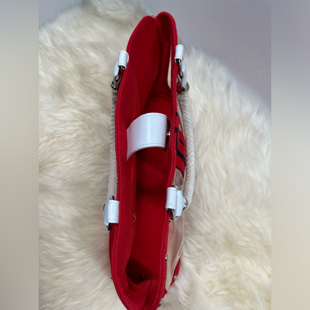 Nautical Studded Rope Handle Retro Handbag Red White Blue w Clear Poly Windows - Picture 6 of 14